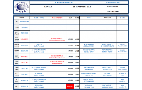 SAMEDI 28 et DIMANCHE 29 SEPTEMBRE 2019 - PLANNING DE SALLE