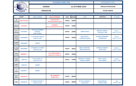 SAMEDI 12 OCTOBRE 2019 - PLANNING DE SALLE