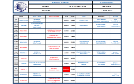 SAMEDI 9 et DIMANCHE 10 NOVEMBRE 2019 - PLANNING DE SALLE