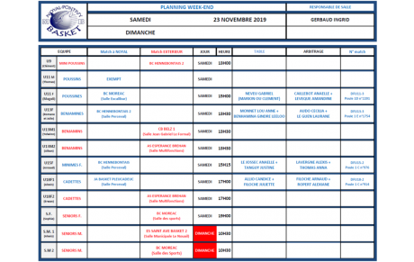 SAMEDI 23 et DIMANCHE 24 NOVEMBRE 2019 - PLANNING DE SALLE