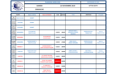 SAMEDI 16 ET DIMANCHE 17 NOVEMBRE 2019 - PLANNING DE SALLE
