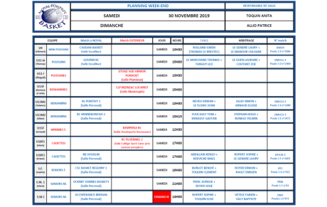 SAMEDI 30 NOVEMBRE et DIMANCHE 1er DÉCEMBRE 2019 - PLANNING DE SALLE