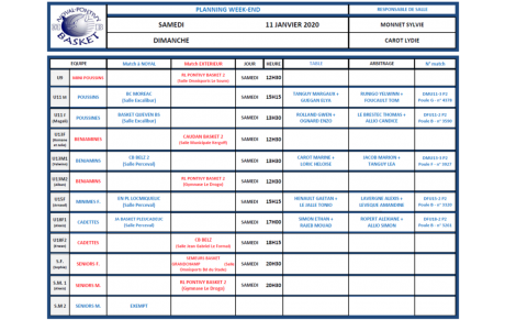 PLANNING SAMEDI 11 JANVIER 2020