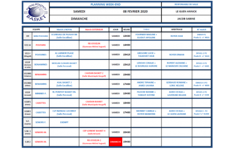 PLANNING SAMEDI 8 et DIMANCHE 9 FÉVRIER 2020