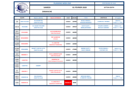 PLANNING SAMEDI 1er et DIMANCHE 2 FÉVRIER 2020