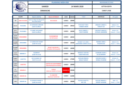 PLANNING SAMEDI 14 ET DIMANCHE 15 MARS 2020